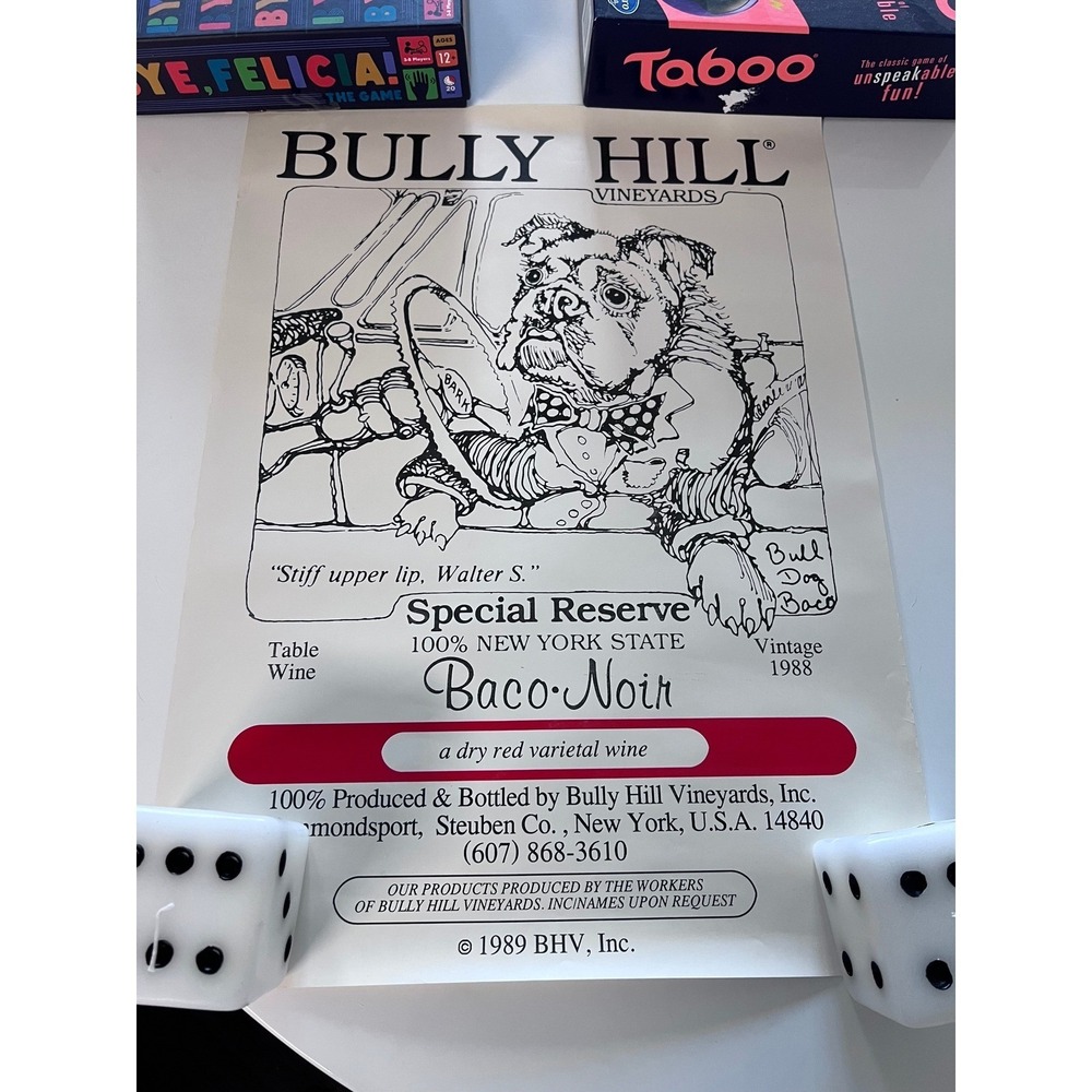 Vintage 1989 Bully Hill Vineyards Baco Noir Wine Poster Bulldog Walter S Taylor - Picture 2 of 5
